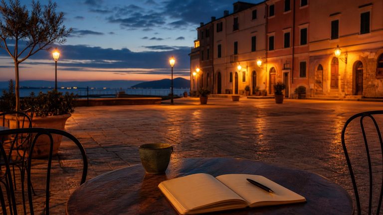 Tavolino con taccuino in una piazza sul mare per Erica - Una detective per caso
