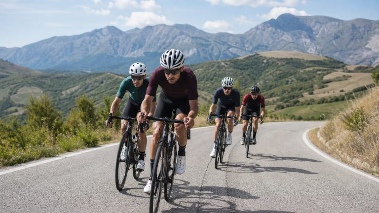 Ciclisti su una strada di collina per la guida TV del Giro d Abruzzo 2026