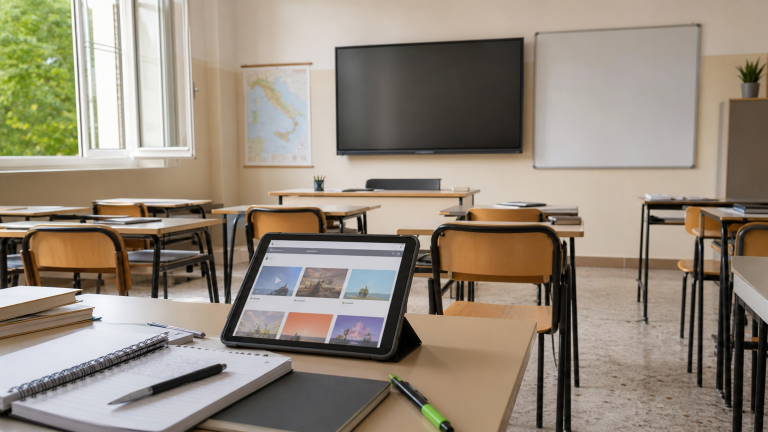 Aula scolastica con schermo e tablet per RaiPlay Scuola e Learning