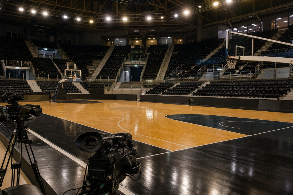 Campo da basket indoor preparato per una diretta televisiva