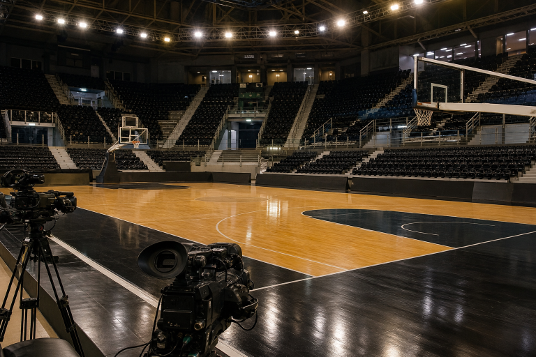 Campo da basket indoor preparato per una diretta televisiva