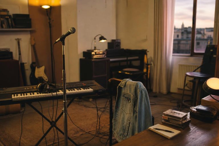 Sala prove anni Novanta con microfono, tastiera e cassette