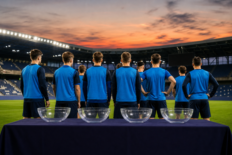 Giovani calciatori in uno stadio prima del sorteggio playoff Under 21